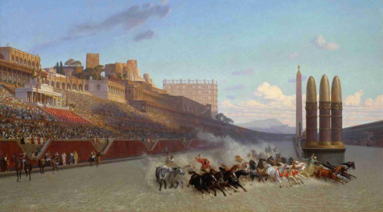 Chariot Race,Chariot-Rennen,Jean-Léon Gérôme,Ölgemälde,Ölgemälde, Pferd, Himmel, draußen, Reiten, Landschaft