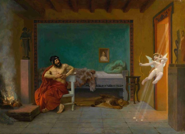 Cupid Runs out the Door,Jean-Léon Gérôme,Oil Painting,Oil Painting, fine art parody, parody, wings, beard