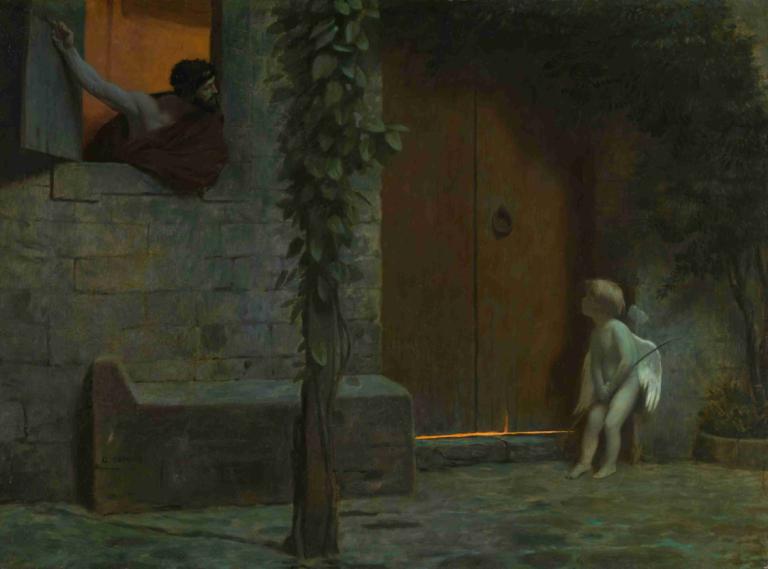 Cupid at the Door in a Rainstorm,Amor vor der Tür im Regensturm,Jean-Léon Gérôme,Ölgemälde,Ölgemälde, Anlage