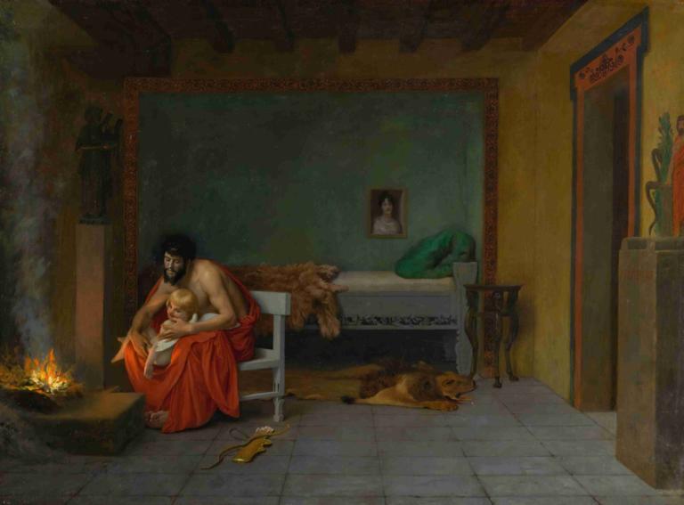 Cupid's Shivering Limbs the Embers Warm,Jean-Léon Gérôme,Oil Painting,Oil Painting, 1boy, 1girl