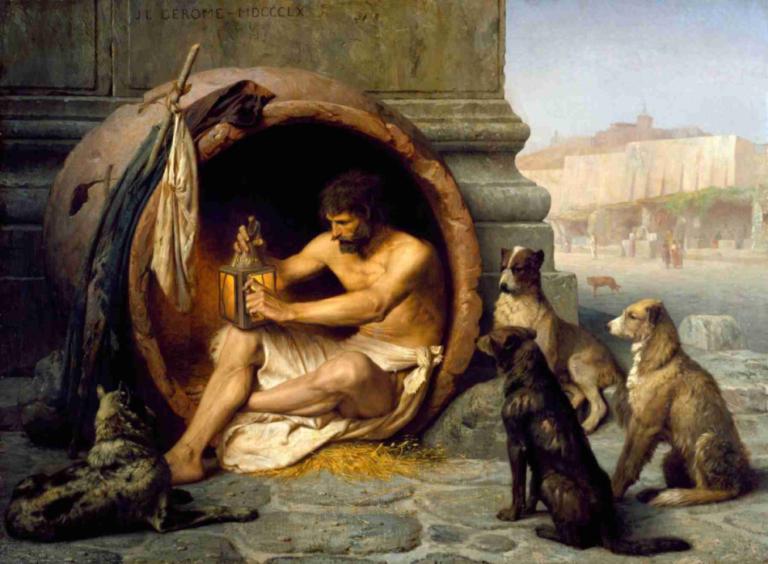 Diogenes,Jean-Léon Gérôme,Ölgemälde,Ölgemälde, Kunstparodie, 1Junge, männlicher Fokus, Hund, männlich, Bart