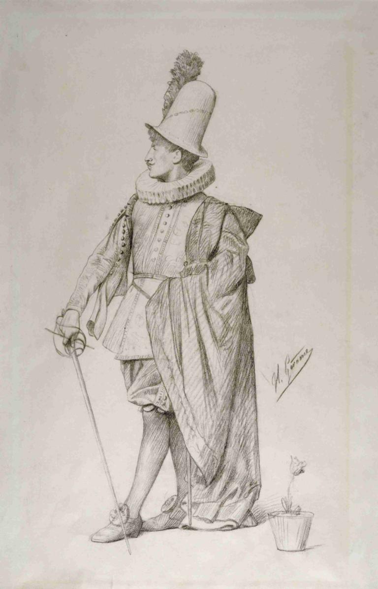 Dutch Cavalier,Holländischer Kavalier,Jean-Léon Gérôme,Skizze,Skizze, Solo, einfarbig, 1Junge, Hut