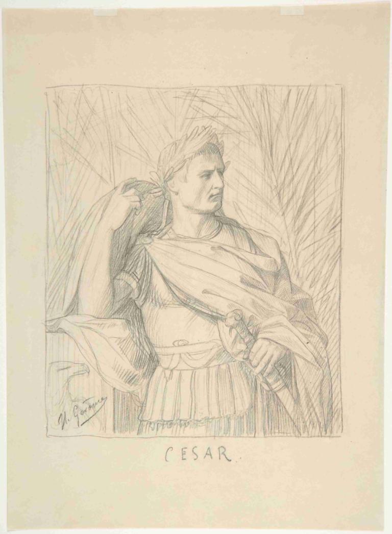 Julius Caesar,凯撒大帝,Jean-Léon Gérôme,让-莱昂-热罗姆,素描,素描, 1男孩, 过时的, 男性焦点, 独奏, 武器, 树, 剑, 单色, 签名, 传统媒体, 盔甲