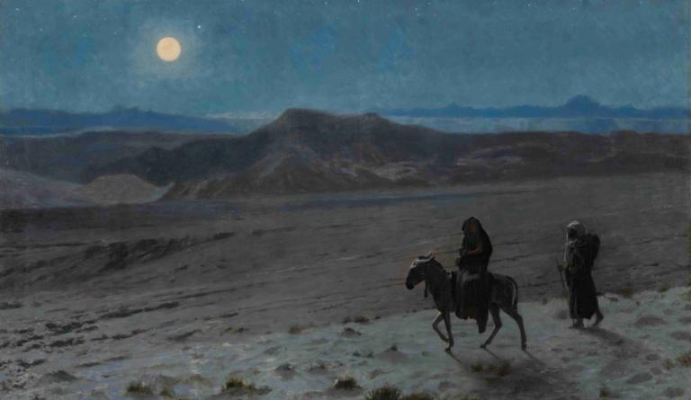 La Fuite En Égypte [Nuit],飞入埃及 [夜］,Jean-Léon Gérôme,让-莱昂-热罗姆,油画,油画, 月亮, 夜晚, 户外, 马, 天空, 风景, 兜帽, 保持, 夜空, 1男孩