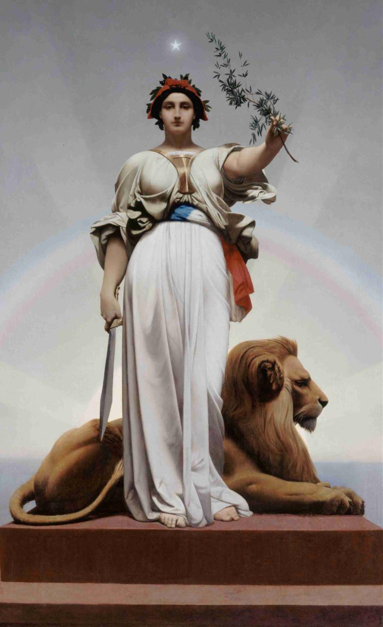 La République,共和国,Jean-Léon Gérôme,让-莱昂-热罗姆,油画,油画, 1个女孩, 美术模仿, 花, 赤脚, 保持, 短发, 实际的, 黑发, 常设, 乳房, 裙子, 彩虹, 动物, 全身