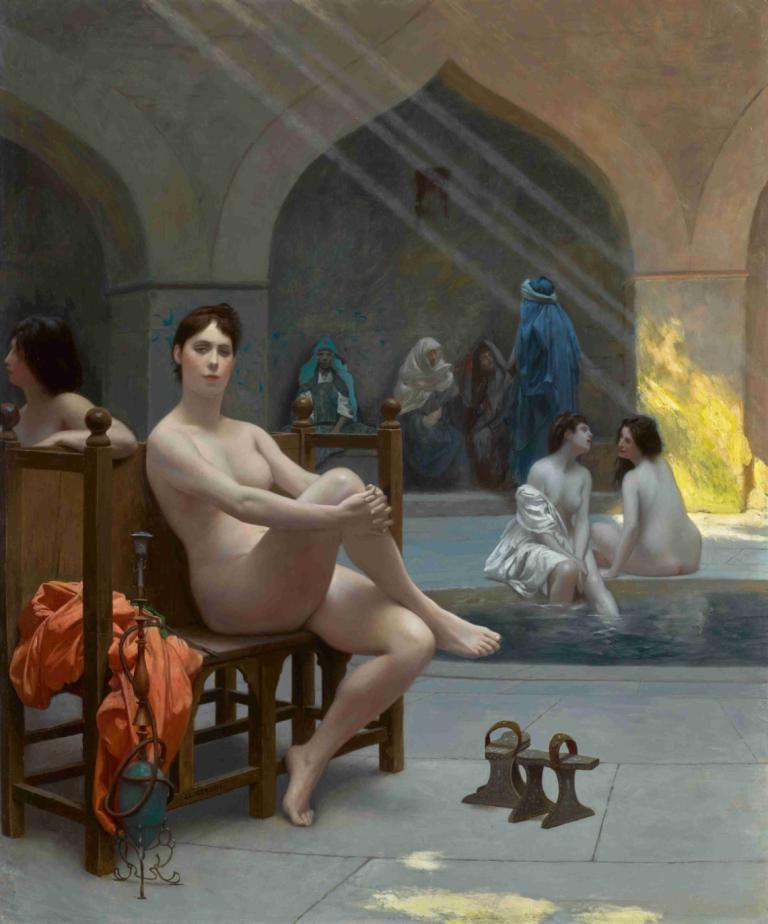 Le Bain des femmes,女浴室,Jean-Léon Gérôme,让-莱昂-热罗姆,油画,油画, 美术模仿, 裸体, 实际的, 坐着, 水, 戏仿, 赤脚, 多个女孩, 乳房, 雕像, 棕色的头发, 短发