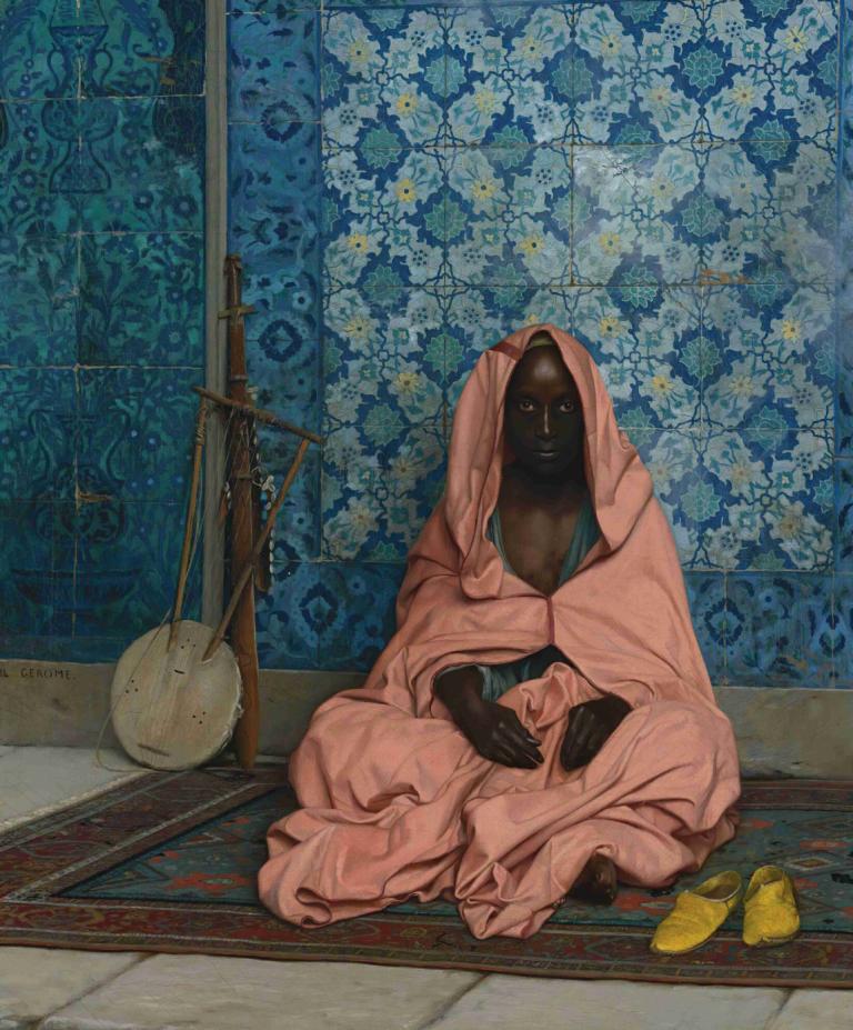 Le Barde Noir,黑游吟诗人,Jean-Léon Gérôme,让-莱昂-热罗姆,油画,油画, 坐着, 黑皮肤, 独奏, 在地上, 乐器, 在室内, 1个女孩, 木地板, 武器, 兜帽, 暗黑皮肤, 长袍