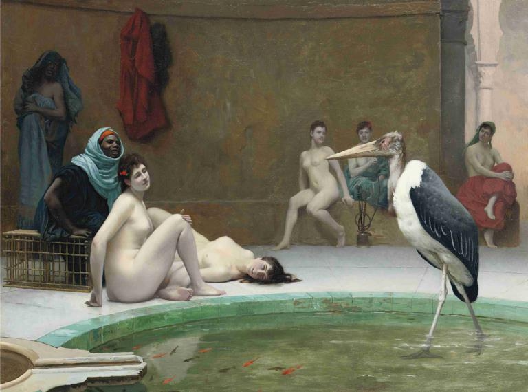 Le Marabout in the Harem bath,后宫浴室中的马尔巴特,Jean-Léon Gérôme,让-莱昂-热罗姆,油画,油画, 美术模仿, 什么, 裸体, 水, 多个女孩, 鸟, 戏仿, 乳房