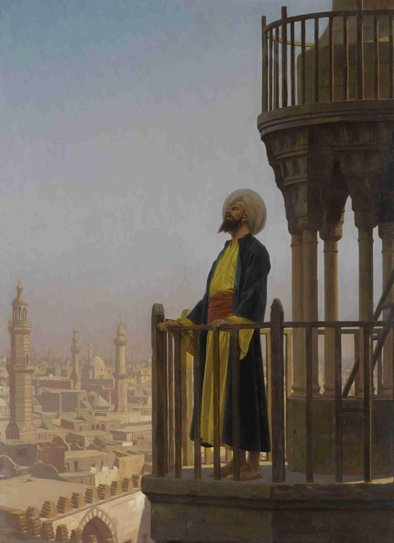 Le Muezzin,Jean-Léon Gérôme,Pictura in ulei,Pictura in ulei, solo, în aer liber, 1 fata, masca, par scurt