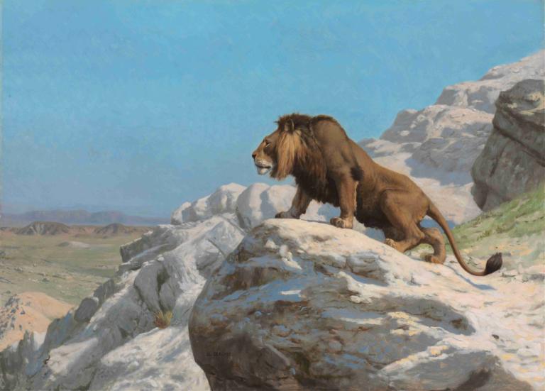 Lion on the Watch,Leul la pândă,Jean-Léon Gérôme,Pictura in ulei,Pictura in ulei, nici oameni, în aer liber