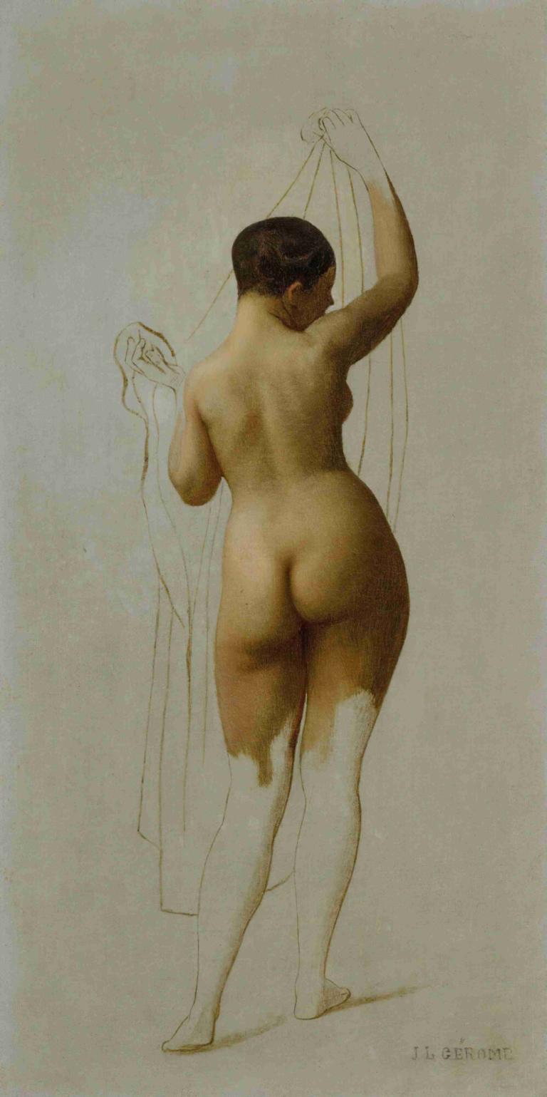 Nude,Jean-Léon Gérôme,Peinture à l'huile,Peinture à l'huile, 1fille, solo, cul, nu, seins, dos, par derrière