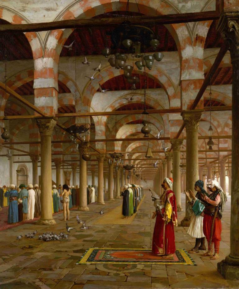 Prayer in the Mosque,在清真寺祈祷,Jean-Léon Gérôme,让-莱昂-热罗姆,油画,油画, 多个男孩, 头盔, 武器, 在室内, 盔甲, 传统媒体, 岬, 长袍, 多个女孩, 剑, 常设