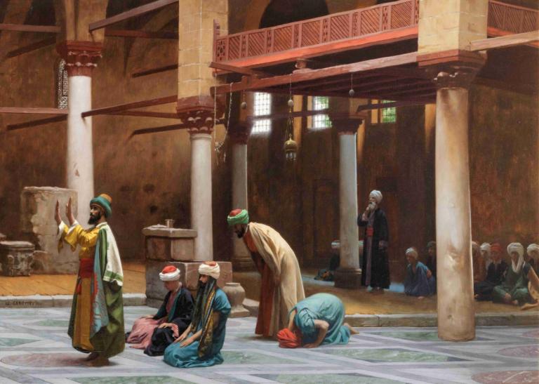 Prayers In The Mosque,在清真寺祈祷,Jean-Léon Gérôme,让-莱昂-热罗姆,油画,油画, 帽子, 多个男孩, 多个女孩, 长袖, 常设, 6+男孩, 黑发, 支柱, 面具, 坐着, 包