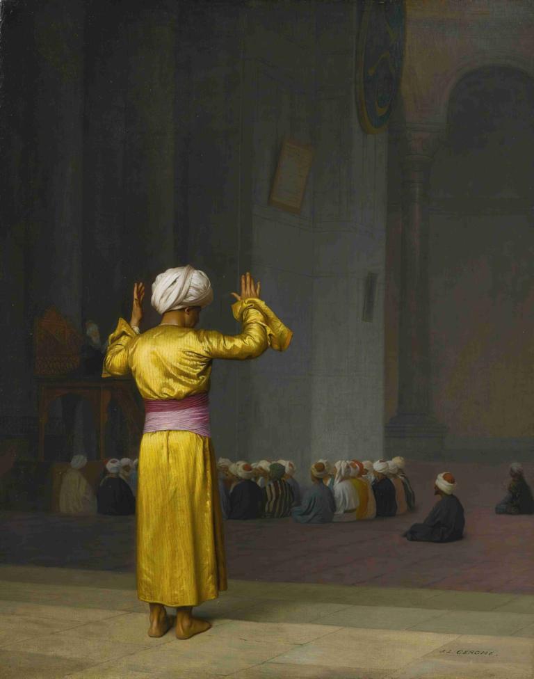 Prière Dans La Mosquée,在清真寺祈祷,Jean-Léon Gérôme,让-莱昂-热罗姆,油画,油画, 1个女孩, 常设, 从后面, 长袖, 签名, 白色的头发, 美术模仿, 独奏, 黄色连衣裙