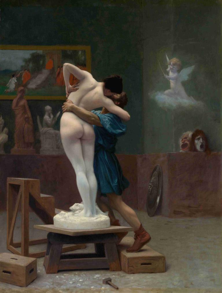 Pygmalion and Galatea,皮格马利翁和加拉蒂亚,Jean-Léon Gérôme,让-莱昂-热罗姆,油画,油画, 美术模仿, 屁股, 戏仿, 裸体, 1男孩, 短发, 1个女孩, 黑发, 绘画（物体）