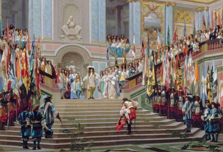 Reception of Le Grand Condé by Louis XIV at Versailles in 1674,1674 年路易十四在凡尔赛宫接待大孔戴王,Jean-Léon Gérôme