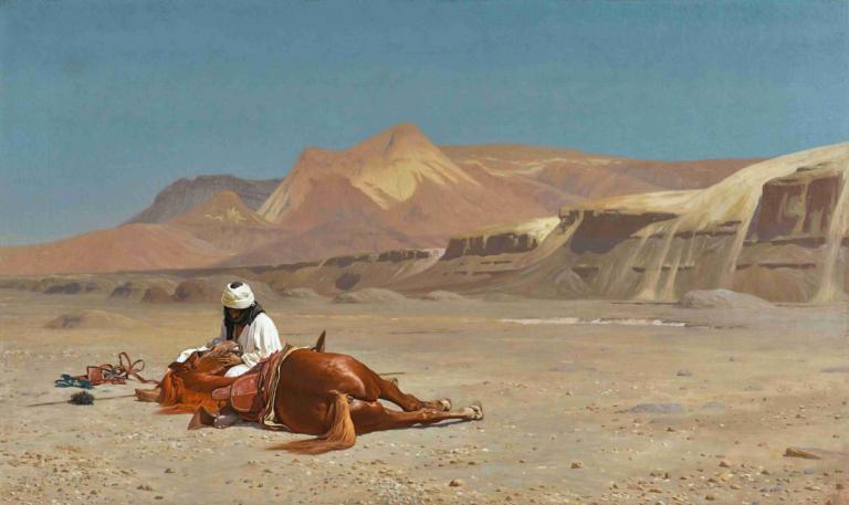 Rider and His Steed In The Desert,沙漠中的骑士和他的骏马,Jean-Léon Gérôme,让-莱昂-热罗姆,油画,油画, 沙漠, 户外, 天, 天空, 帽子, 1个女孩, 山