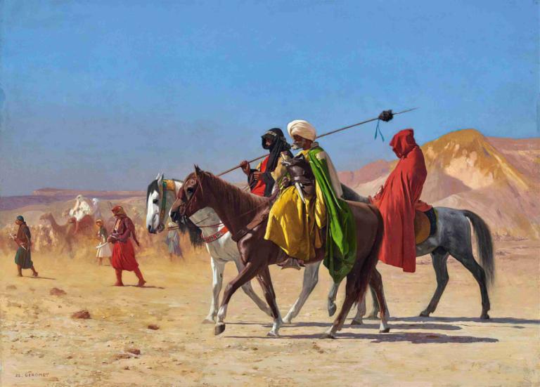 Riders Crossing the Desert,穿越沙漠的骑士,Jean-Léon Gérôme,让-莱昂-热罗姆,油画,油画, 马, 沙漠, 骑马, 户外, 武器, 多个男孩, 岬, 盔甲, 天, 骑术