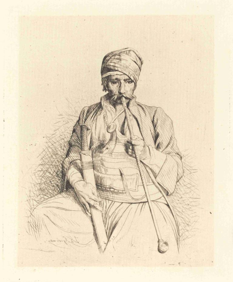 Seated Arab with Pipe,파이프와 함께 앉은 아랍인,Jean-Léon Gérôme,장-레옹 제롬,스케치,스케치, 1남, 독주, 남성 집중, 단색화, 얼굴 털, 수염, 수염