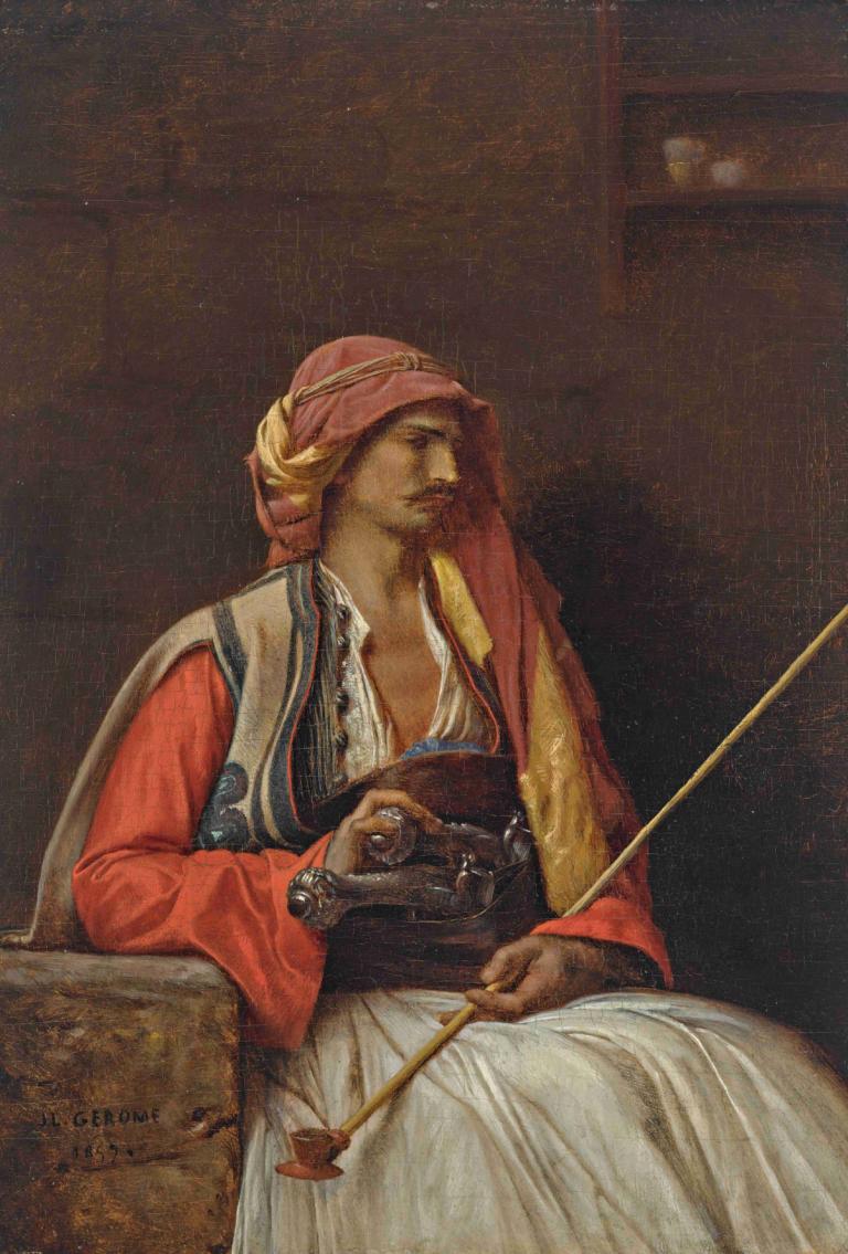 Seated Arnaut,앉은 아르나우트,Jean-Léon Gérôme,장-레옹 제롬,오일 페인팅,오일 페인팅, 미술 패러디, 독주, 남성 집중, 1남, 보유, 좌석, 긴 소매, 얼굴 털