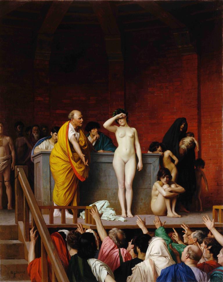 Slave Market in Ancient Rome,고대 로마의 노예 시장,Jean-Léon Gérôme,장-레옹 제롬,오일 페인팅,오일 페인팅, 미술 패러디, 나체상, 여러 여자, 여러 소년