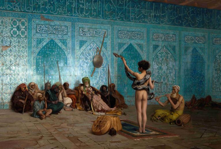 Snake Charmer,스네이크 참,Jean-Léon Gérôme,장-레옹 제롬,오일 페인팅,오일 페인팅, 미술 패러디, 여러 소년, 여러 여자, 좌석, 나귀, 맨발, 흑발, 보유, 나체상