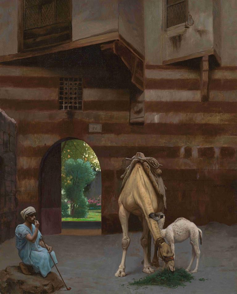 The Camel Driver,Le chamelier,Jean-Léon Gérôme,Peinture à l'huile,Peinture à l'huile, fenêtre, chien, 1fille