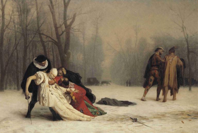 The Duel After the Masquerade,化妆舞会后的决斗,Jean-Léon Gérôme,让-莱昂-热罗姆,油画,油画, 美术模仿, 树, 多个男孩, 光秃秃的树, 多个女孩, 死亡, 武器