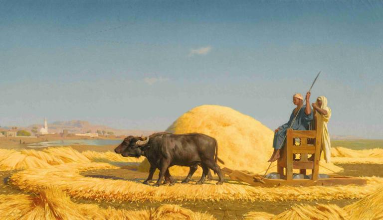 The Grain Threshers, Egypt,埃及谷物脱粒机,Jean-Léon Gérôme,让-莱昂-热罗姆,油画,油画, 户外, 天空, 天, 保持, 风景, 披风, 暗黑皮肤, 1个女孩, 动物, 沙漠