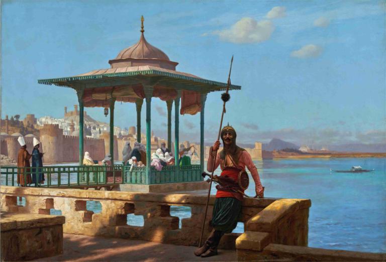 The Harem In The Kiosk,亭子里的后宫,Jean-Léon Gérôme,让-莱昂-热罗姆,油画,油画, 船只, 武器, 船, 船, 天, 户外, 水, 海洋, 天空, 男性焦点, 风景, 1男孩