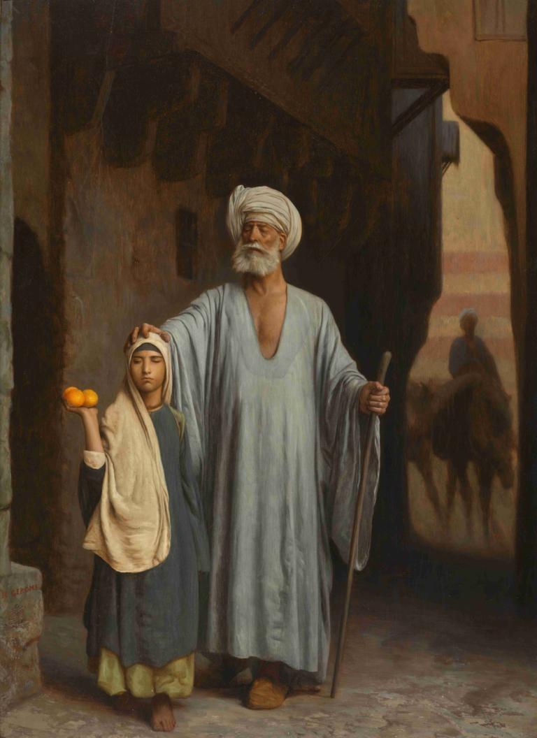 The Helping Hand,援助之手,Jean-Léon Gérôme,让-莱昂-热罗姆,油画,油画, 老的, 老人, 多个男孩, 胡须, 胡子, 甘蔗, 孩子, 保持, 长袍, 赤脚, 2个男孩, 老妇人