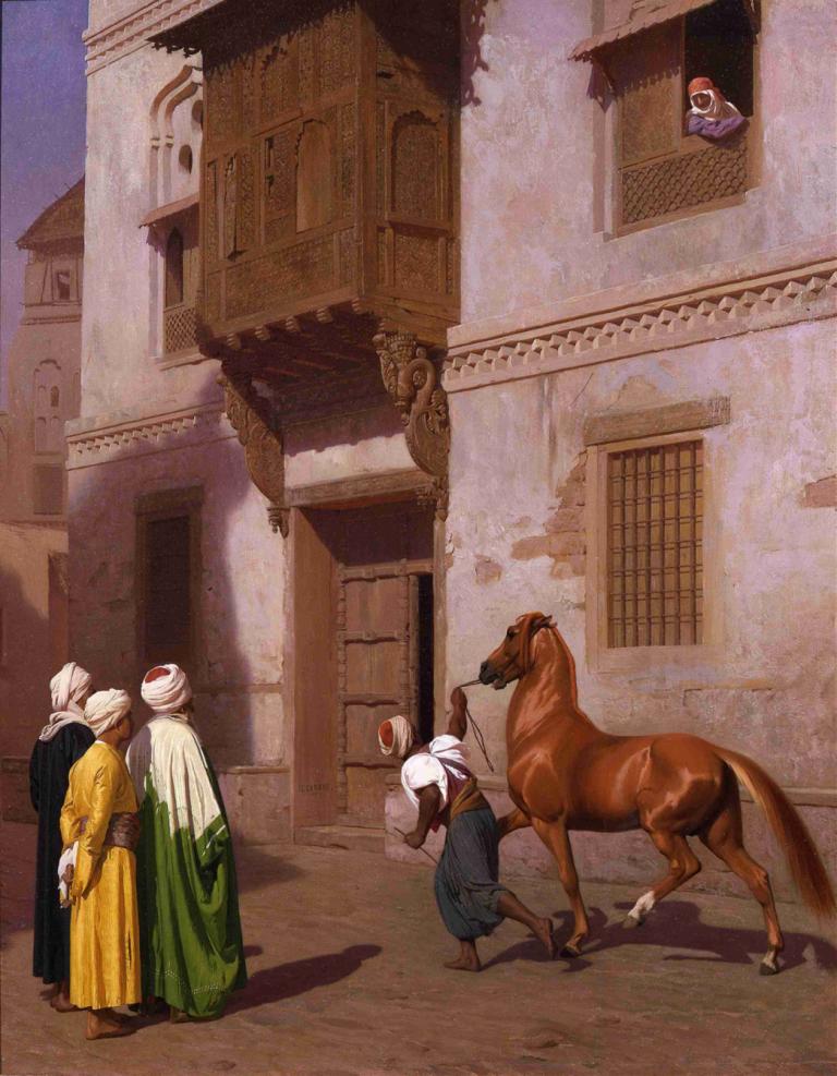 The Horse Market,马匹市场,Jean-Léon Gérôme,让-莱昂-热罗姆,油画,油画, 户外, 多个男孩, 建筑, 孩子, 多个女孩, 老的, 长发, 老妇人, 马