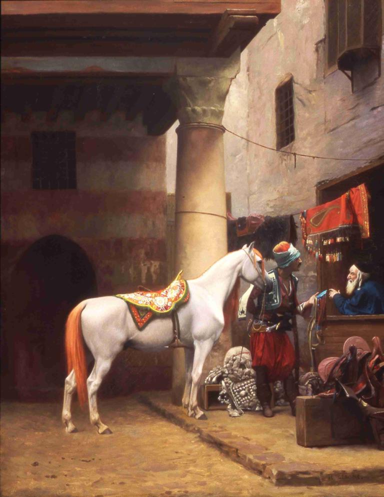 The Saddle Bazaar, Cairo,开罗马鞍集市,Jean-Léon Gérôme,让-莱昂-热罗姆,油画,油画, 马, 美术模仿, 多个男孩, 武器, 盔甲, 靴子, 鞍, 帽子, 头盔, 户外