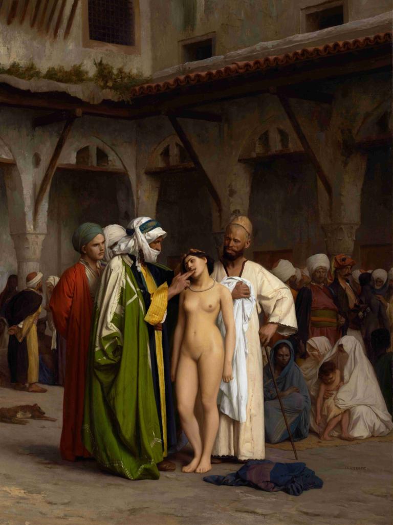 The Slave Market,奴隶市场,Jean-Léon Gérôme,让-莱昂-热罗姆,油画,油画, 美术模仿, 裸体, 乳头, 乳房, 老的, 户外, 脐, 长袍, 赤脚, 常设, 老妇人, 老人, 多个男孩