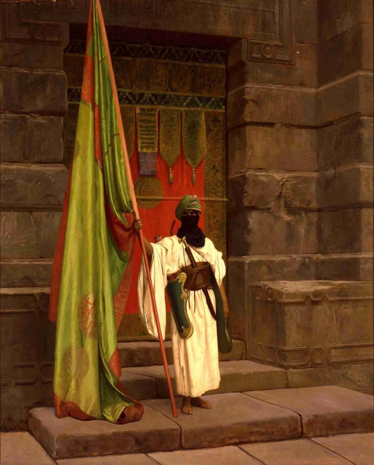 The Standing Bearer, Unfolding The Holy Flag,站立的旗手，展开神圣的旗帜,Jean-Léon Gérôme,让-莱昂-热罗姆,油画,油画, 武器, 楼梯, 1男孩, 独奏