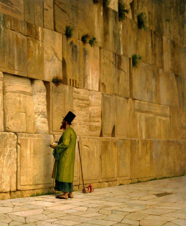 The Wailing Wall,哭墙,Jean-Léon Gérôme,让-莱昂-热罗姆,油画,油画, 1男孩, 独奏, 男性焦点, 帽子, 户外, 常设, 外套, 保持, 砖墙, 背对着, 长袖