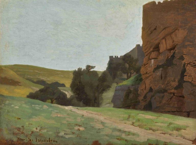 The Walls Of Jerusalem,耶路撒冷城墙,Jean-Léon Gérôme,让-莱昂-热罗姆,油画,油画, 风景, 没有人类, 户外, 天, 天空, 草, 景观, 树, 传统媒体, 蓝天