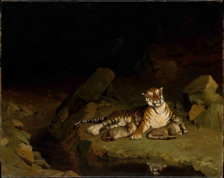 Tiger and Cubs,老虎和幼崽,Jean-Léon Gérôme,让-莱昂-热罗姆,油画,油画, 没有人类, 老虎, 岩石, 边界, 独奏, 神奇宝贝（生物）