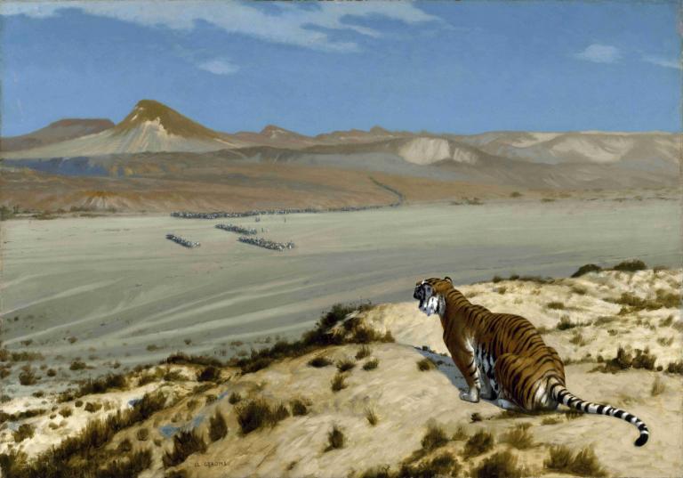 Tiger on the Watch,观察老虎,Jean-Léon Gérôme,让-莱昂-热罗姆,油画,油画, 没有人类, 户外, 天, 天空, 老虎, 风景, 山, 蓝天, 沙漠