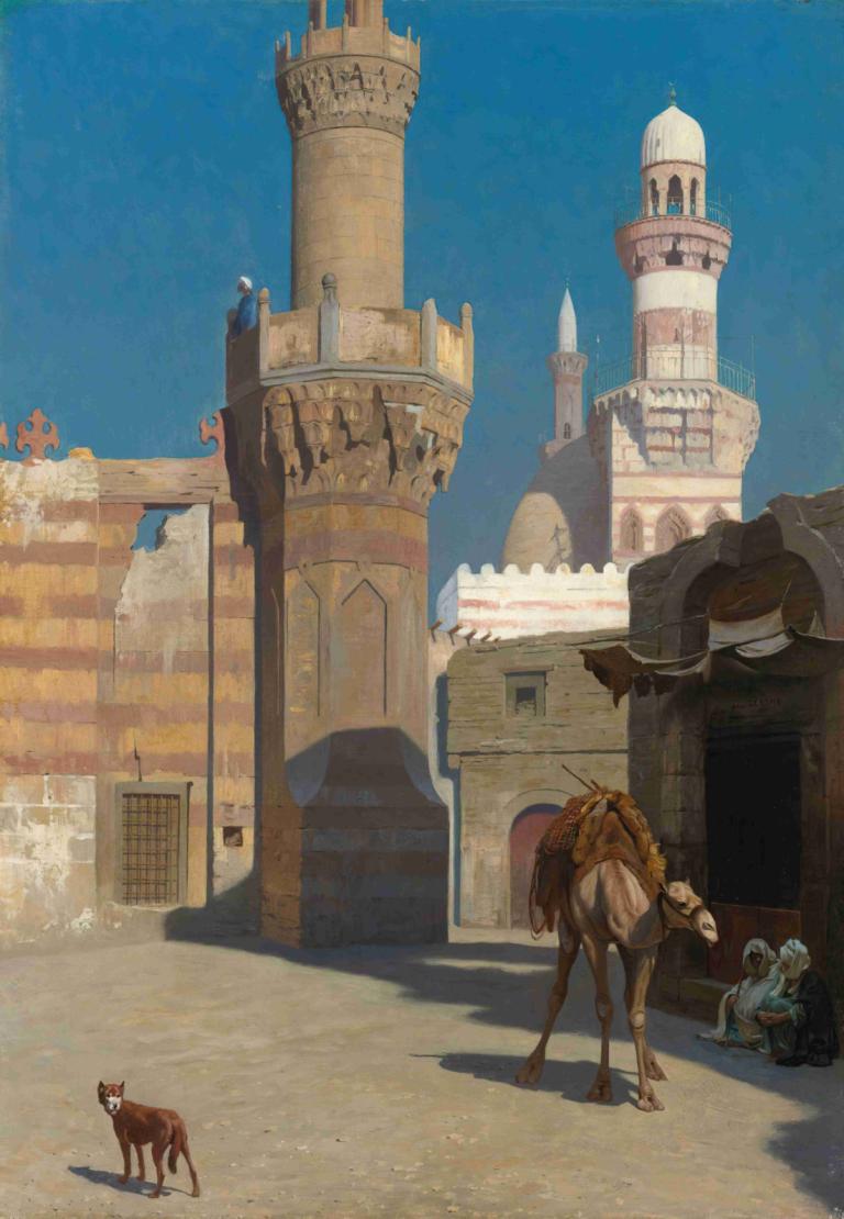 Une Journée Chaude Au Caire [Devant La Mosquée],开罗的炎热一天 [清真寺前］,Jean-Léon Gérôme,让-莱昂-热罗姆,油画,油画, 马, 骑术, 户外, 天