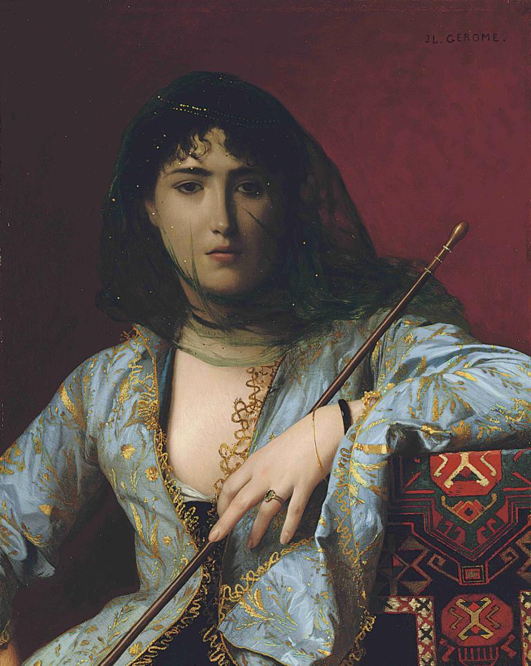 Veiled Circassian Beauty,带面纱的切尔克斯美人,Jean-Léon Gérôme,让-莱昂-热罗姆,油画,油画, 1个女孩, 独奏, 戒指, 珠宝, 黑发, 长发, 保持, 实际的, 美术模仿