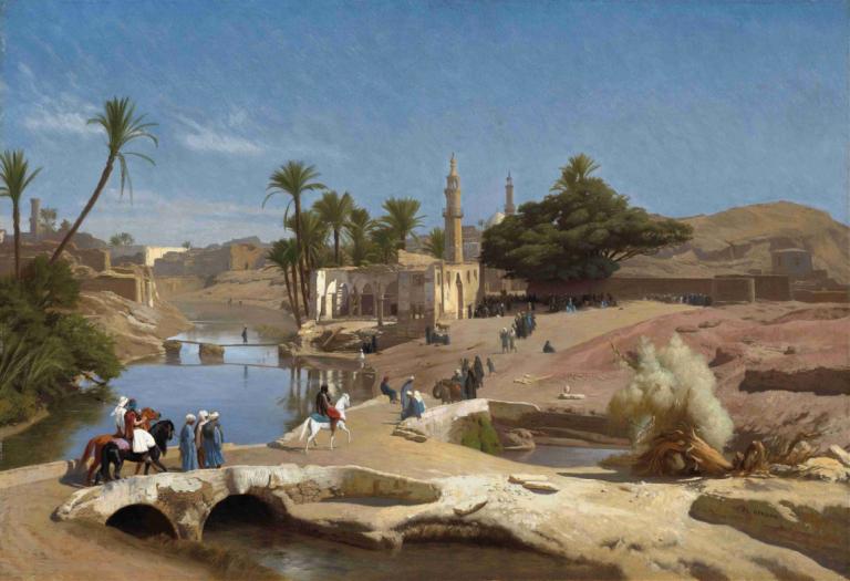 View of Medinet El-Fayoum,Medinet El-Fayoum 景观,Jean-Léon Gérôme,让-莱昂-热罗姆,油画,油画, 树, 户外, 风景, 天空, 多个男孩, 天, 棕榈树