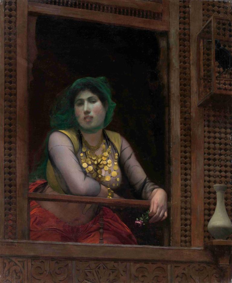 Woman at a Balcony,Balkondaki Kadın,Jean-Léon Gérôme,Yağlı boya,Yağlı boya, 1kız, solo, çiçek, pencere