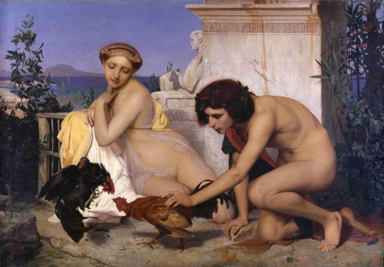 Young Greeks Attending a Cock Fight,参加斗鸡的希腊年轻人,Jean-Léon Gérôme,让-莱昂-热罗姆,油画,油画, 美术模仿, 裸体, 户外, 戏仿, 棕色的头发, 赤脚