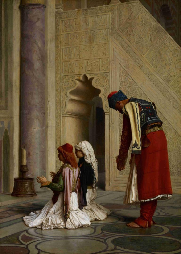 Young Greeks in the Mosque,清真寺里的希腊青年,Jean-Léon Gérôme,让-莱昂-热罗姆,油画,油画, 1男孩, 长发, 裙子, 编织, 暗黑皮肤, 美术模仿, 常设, 长袖