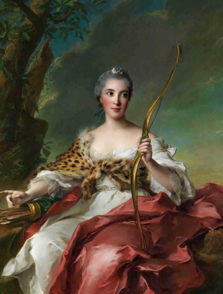 Madame Bergeret de Frouville as Diana,Jean-Marc Nattier,Oil Painting,Oil Painting, fine art parody, 1girl