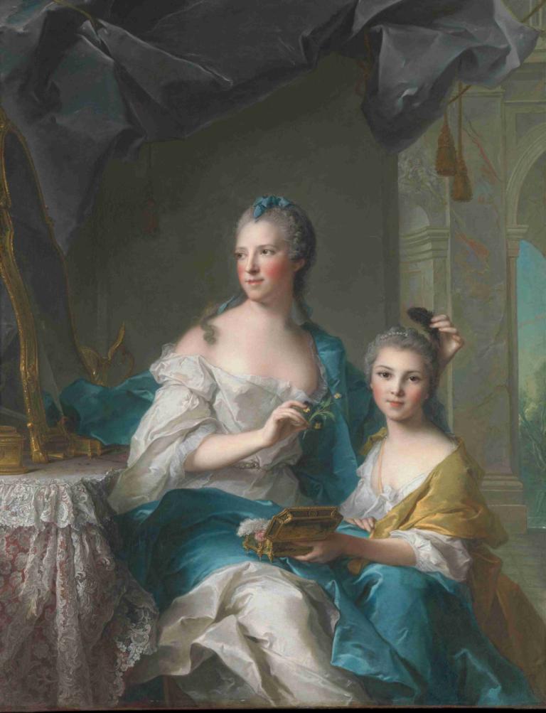 Madame Marsollier and Her Daughter,Jean-Marc Nattier,Oil Painting,Oil Painting, fine art parody, mirror