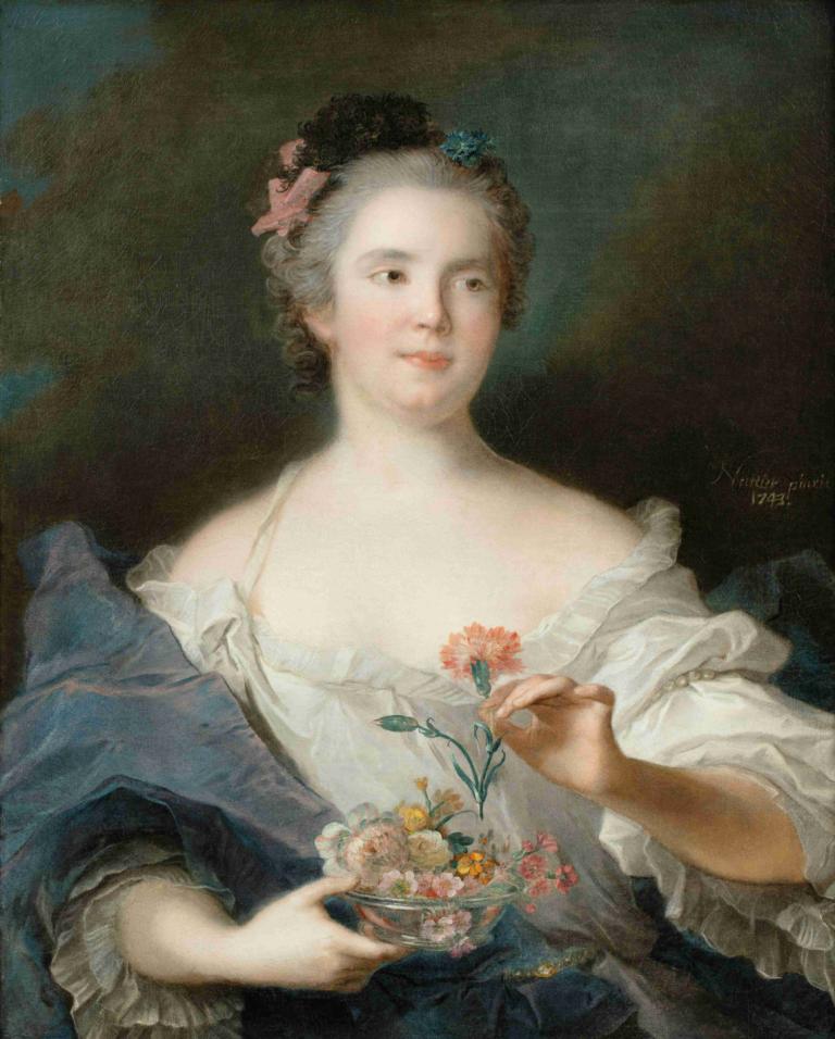 Portrait Of A Lady Holding A Carnation, Said To Be La Duchesse De Châteauroux,Portræt af en dame