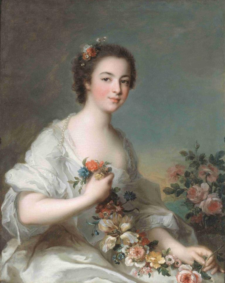 Portrait of a Lady,Jean-Marc Nattier,Oil Painting,Oil Painting, 1girl, fine art parody, flower, solo