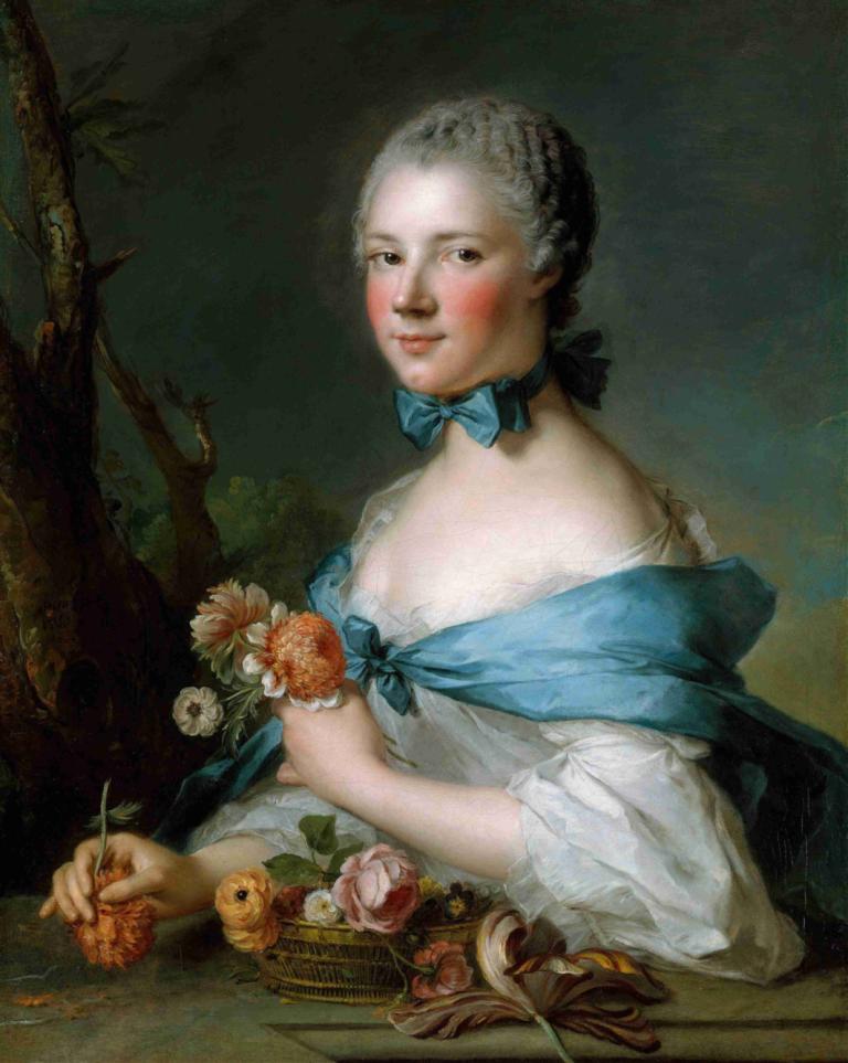 Portrait of a Woman,Jean-Marc Nattier,Oil Painting,Oil Painting, fine art parody, 1girl, solo, flower